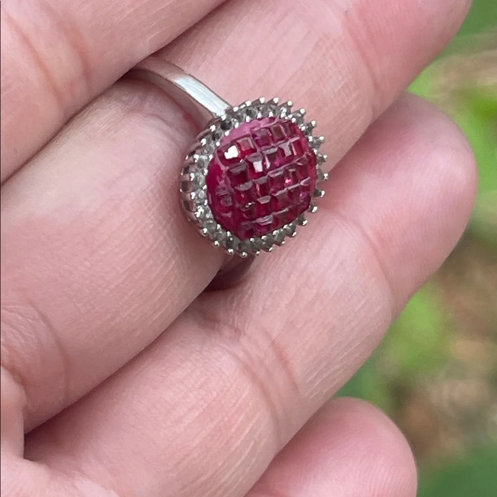 Natural Ruby Princess Cut Halo Ring White Topaz Accent in 925 Silver Size 7